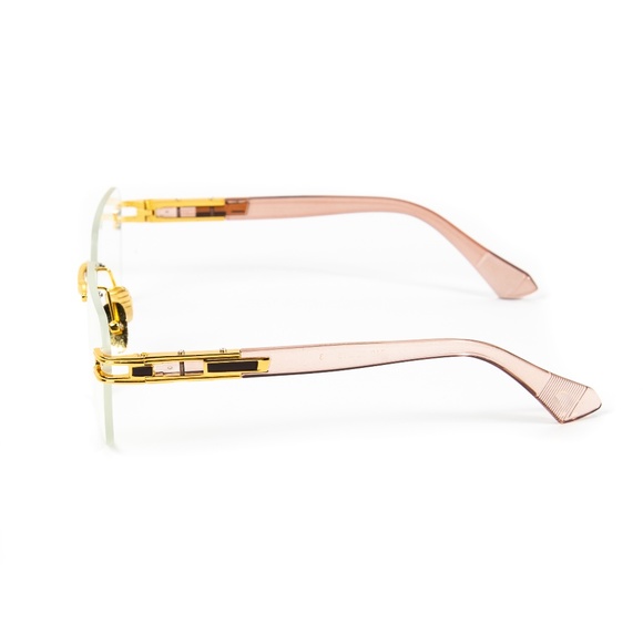 Men's Gold Frame Pink Arm Rimless Vintage Y2K Fashion Clear Lens Glasses - Picture 3 of 5